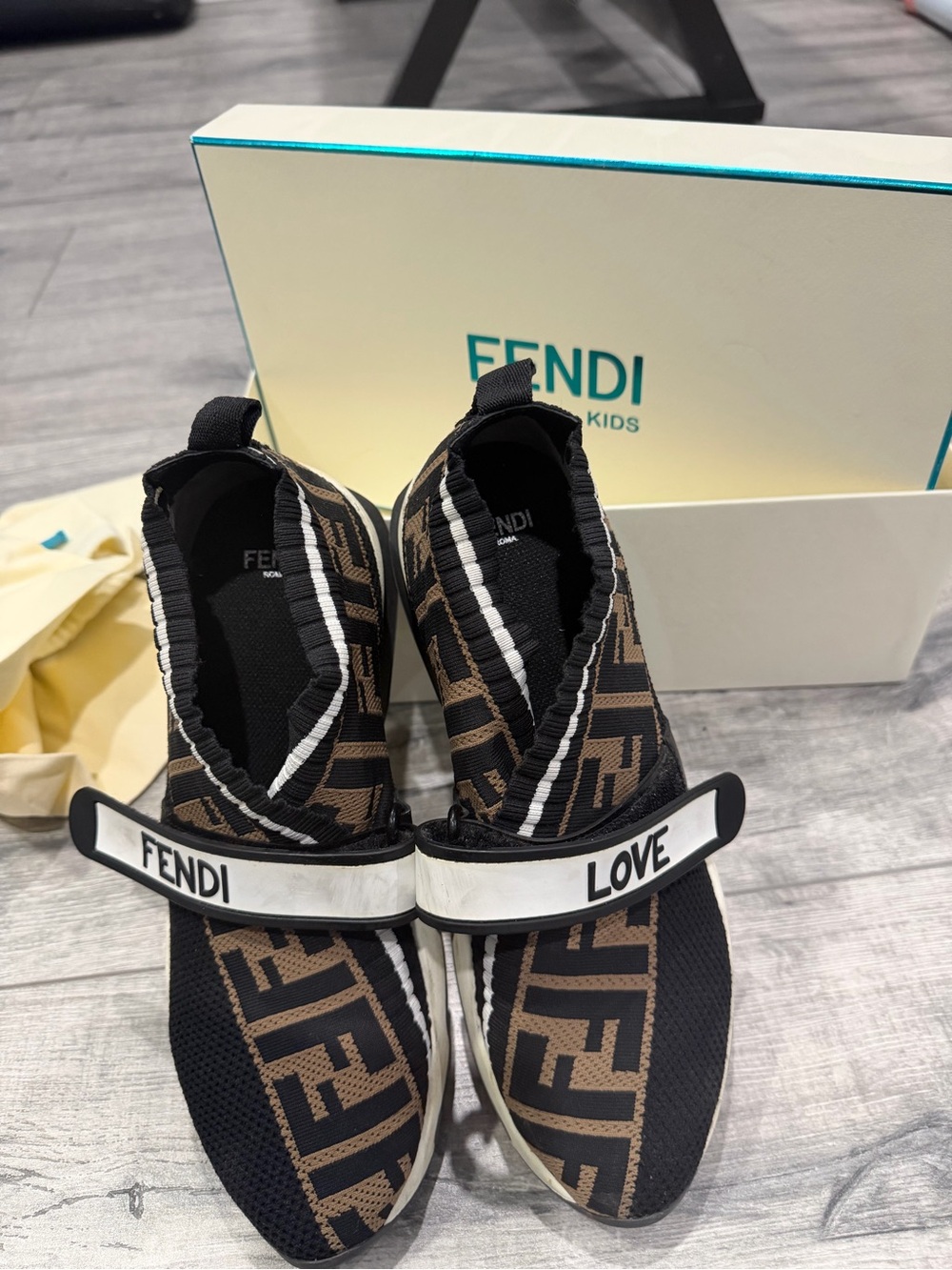 Fendi Brown & Black FF Logo Slip-On Sneakers with LOVE Strap